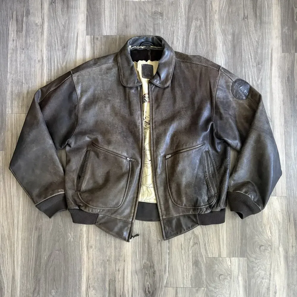 Vintage 1980s Hein Gericke Leather Bomber Flight Jacket Men's Size L Brown Map